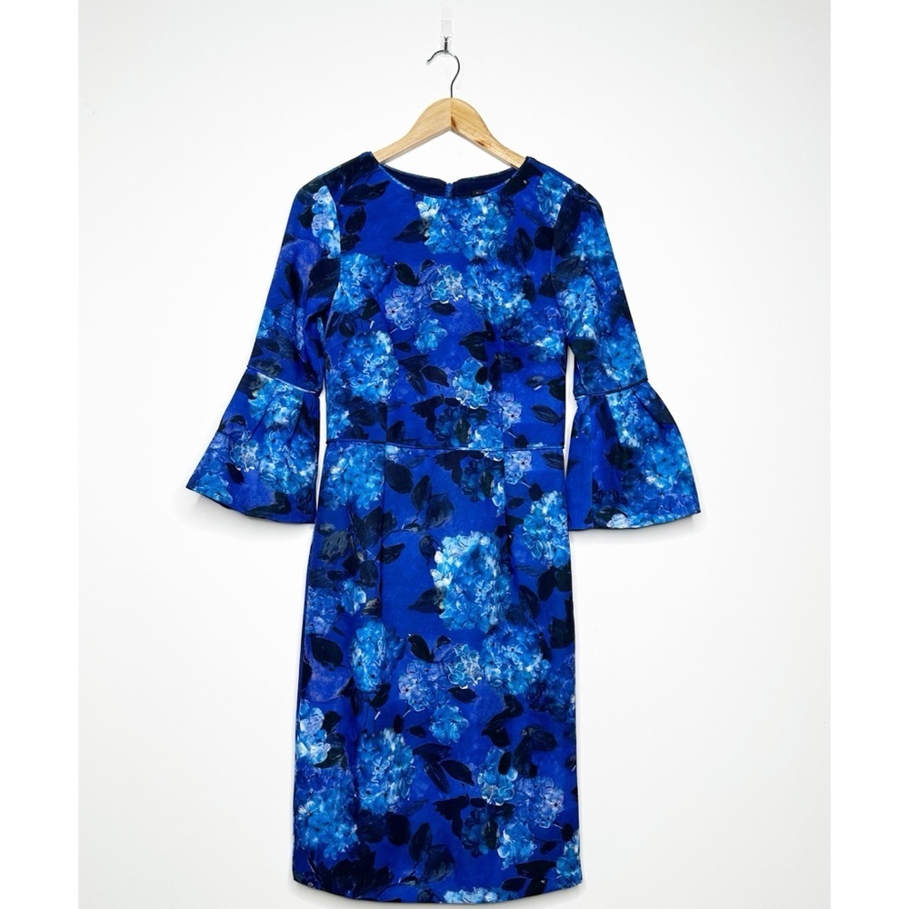 David Meister Blue Floral Hydrangea 3/4 Bell Sleeve Sheath Dress Size XS